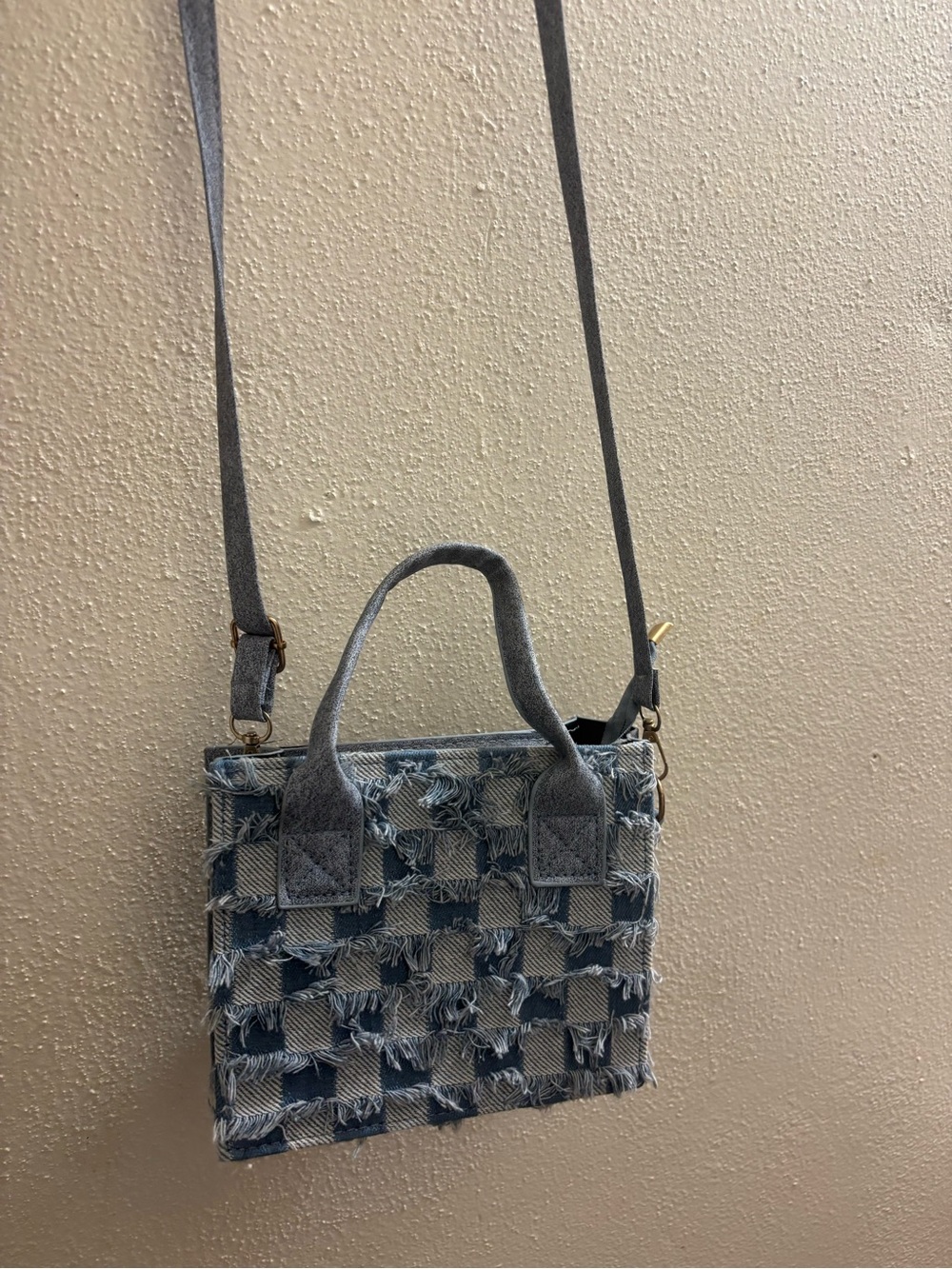 Frayed Denim Checkered Crossbody Tote - Blue